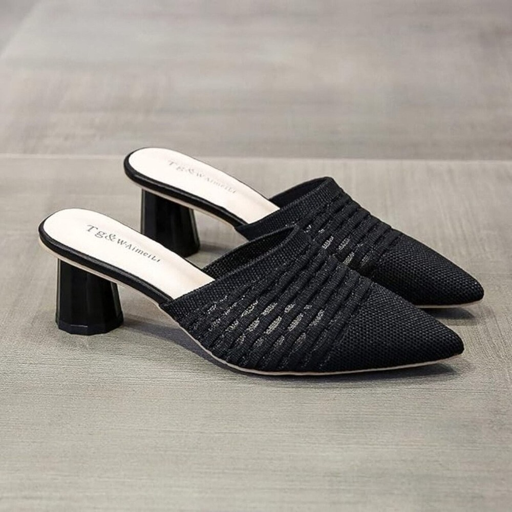 Women's Open-Back Knitted Black Mules
